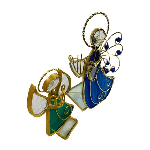 Vintage Tabletop Stained Glass Angels Goldtone Blue Green - Picture 2 of 7